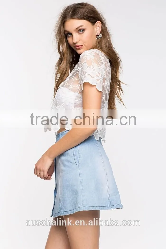 2016 promotional high quality lady white crochet t shirt