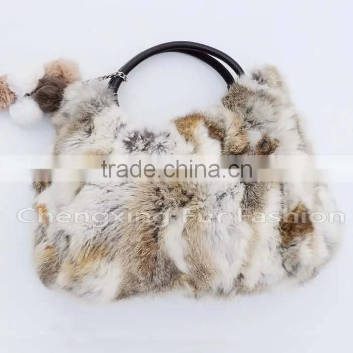 CX-H-36B Real Rabbit Fur & Leather Tote Handbag New Arrival