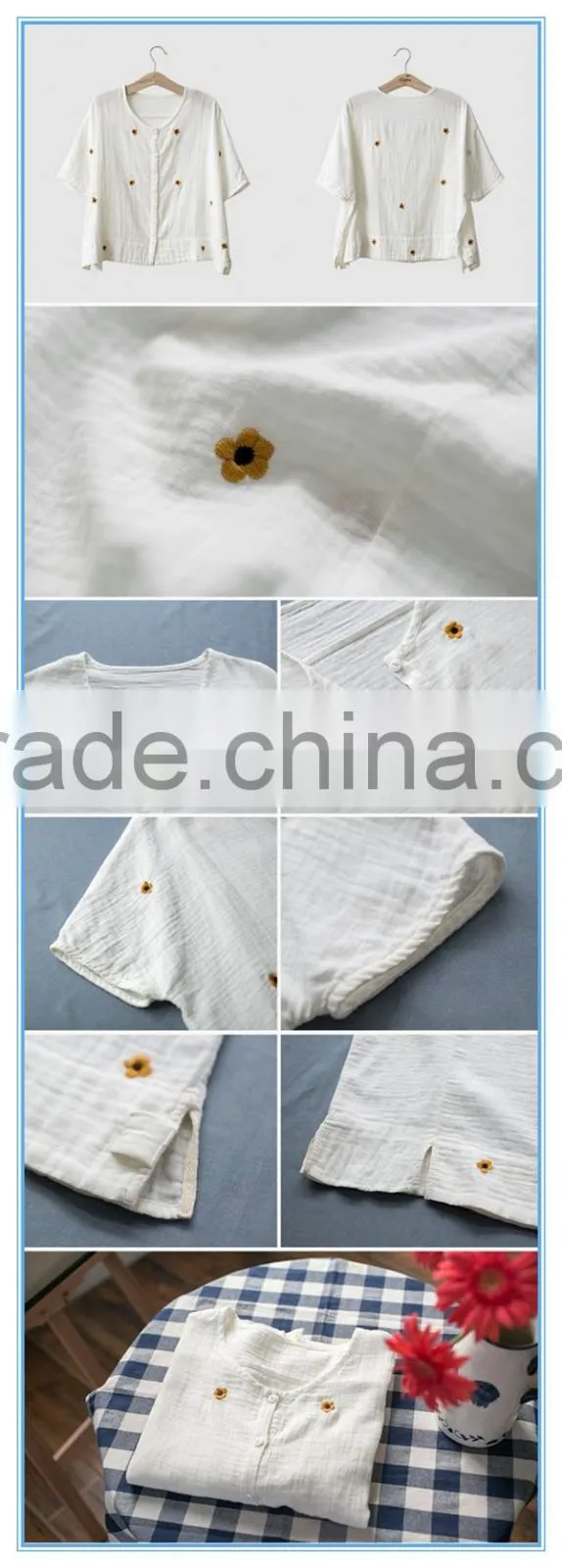 Half Sleeves V Neck Cotton Embroidery Breathable Fashion Lady Shirt