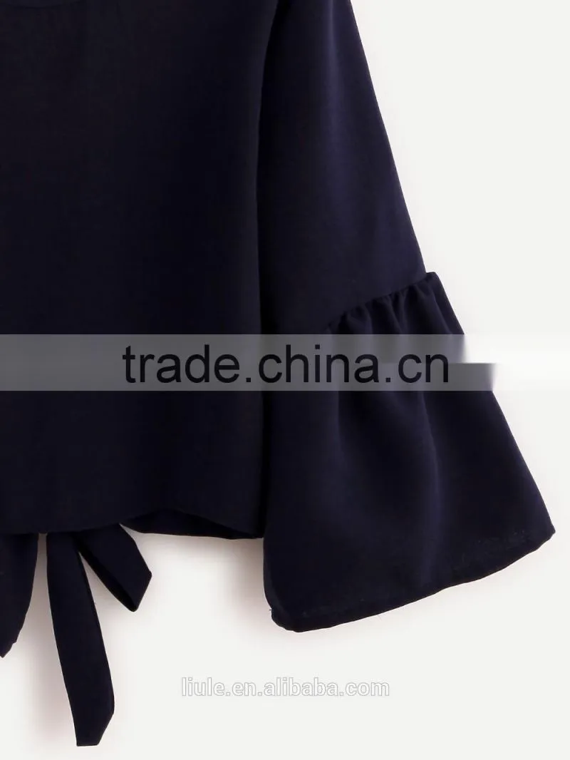 Fashionable ladies tops latest design ruffle flounced sleeves casual blouse for women