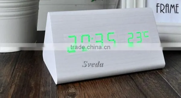 (Crazy Hot Selling)Wholesale Digital Wooden LED Alarm Clock,Wooden Table Clock,sound control Alarm Clock,Triangle wooden clock