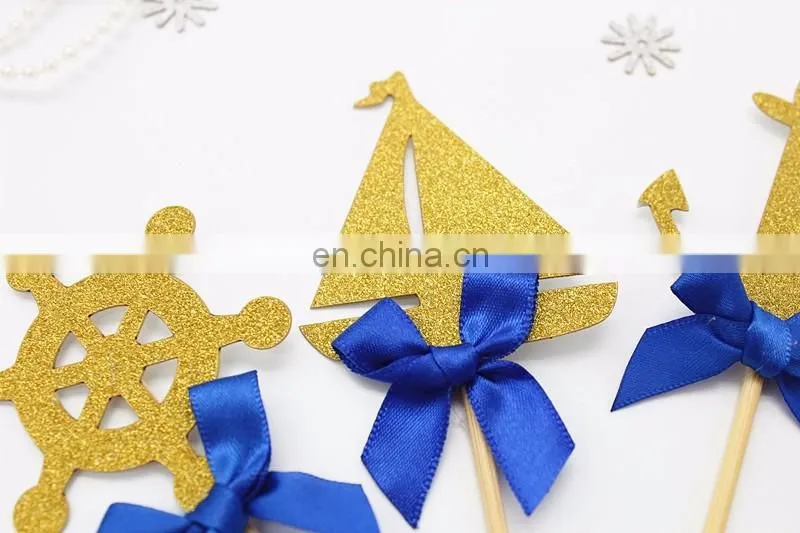 Sea Theme Gold Glitter Topper with Blue Bow Cake Decoration