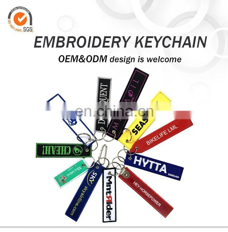 Customized big embroidery decorated giveaway key chains, bulk cheap cloth polyester keychains with logo for sale