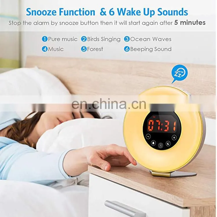 Wake Up Light, 6 Nature Sounds, 7 Colors FM Radio Sunrise Sunset Simulation Alarm Clock Night Light with Smart Snooze Function