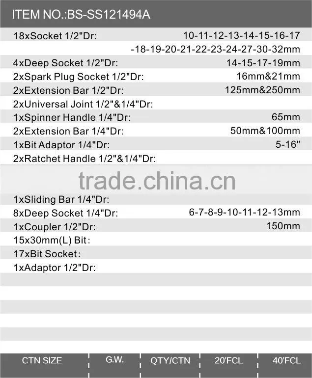 high quality America 94 pieces Chrome Vanadium Steel hand tools