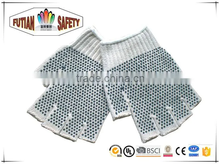 FTSAFETY 7G Poly-cotton nature white String Knit HALF FINGER Gloves With PVC Dots for Safety