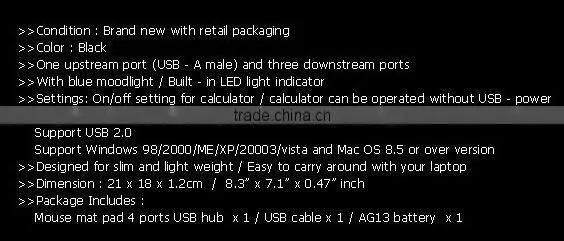 usb powered mouse pad mat calculator/usb hub all in 1 for PC computer
