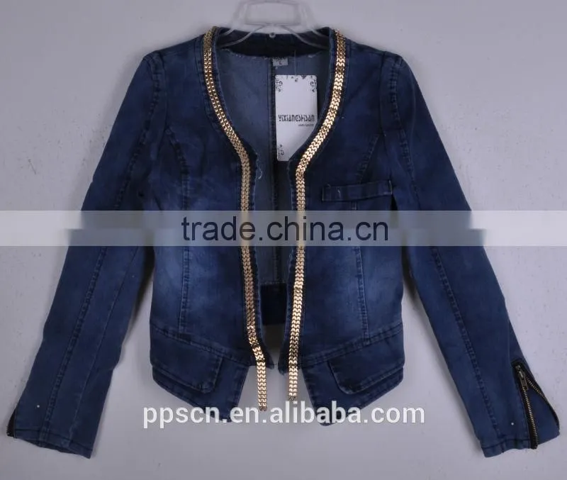 2015 new arrival fashion high quality women denim jacket ,zipper denim jacket leather sleeves wholesale China