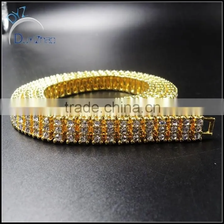 new 3 row hip hop gold crystal necklace
