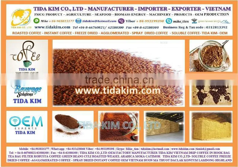 SPRAY DRIED INSTANT COFFEE 100%-FREEZE AGGLOMERATED ARABICA ROBUSTA VIETNAM SOLUBLE COFFEE - ROASTED COFFEE TIDA KIM OEM