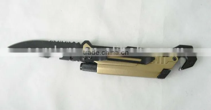 Multi-function Folding Survive Knife with LED light/belt Cutter/Fire Starter