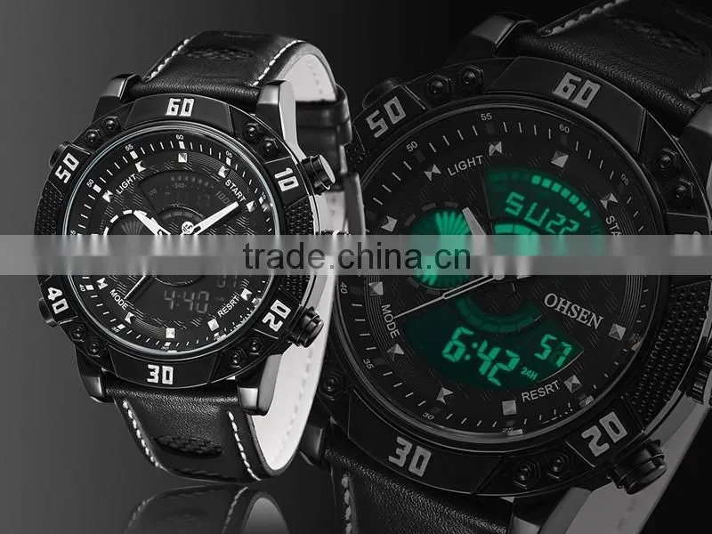 WJ-5446 genuine leather strap IP plating high quality double show Ohsen waterproof men sport watch