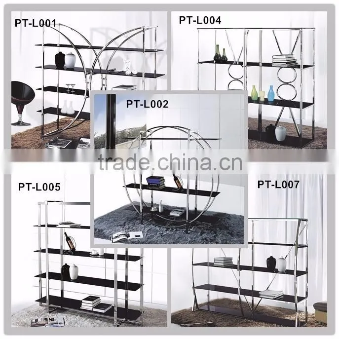 PT-L008 stainless steel display shelf stand fixtures,telescoping garment rack Floor Display Shelf with glass