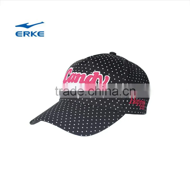 ERKE girls lovely low profile 6 panel baseballl cap with dot and letters embroidered cotton snapback hats