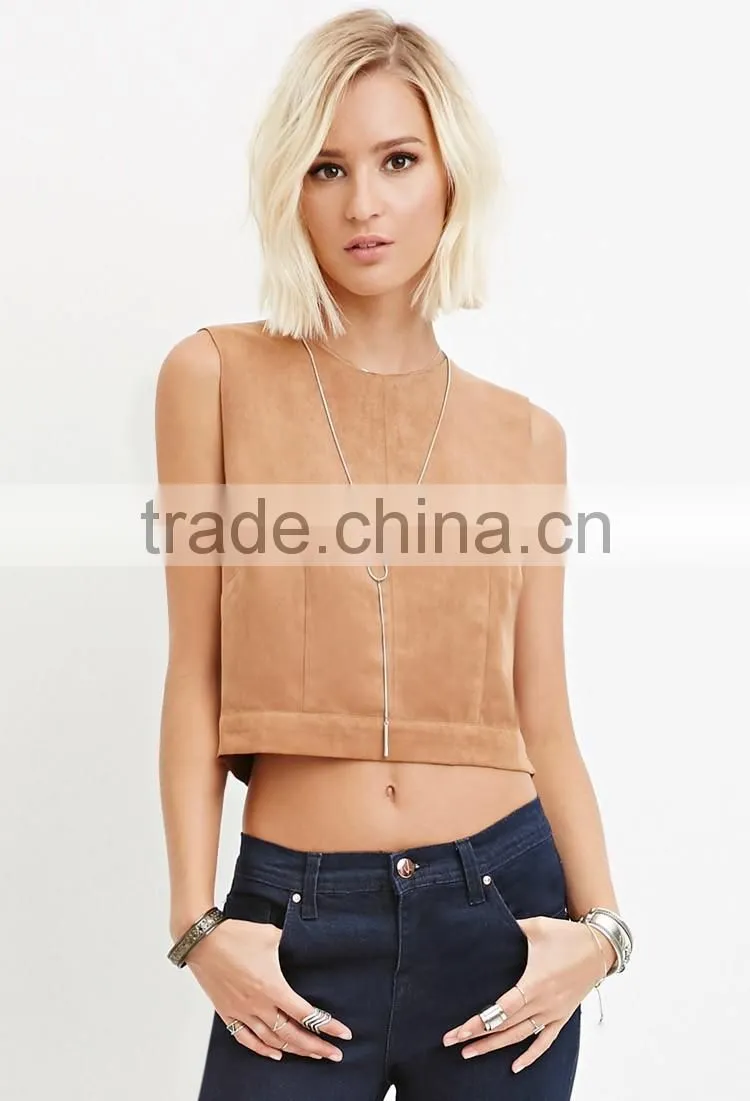 Born Free Tan Faux Suede Lace Up Short Sleeve Crop Top