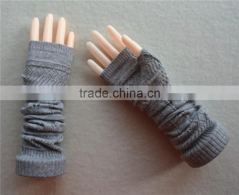 2016 new design knitted elbow length winter gray grey fingerless 100% cashmere gloves wholesale knitting pattern