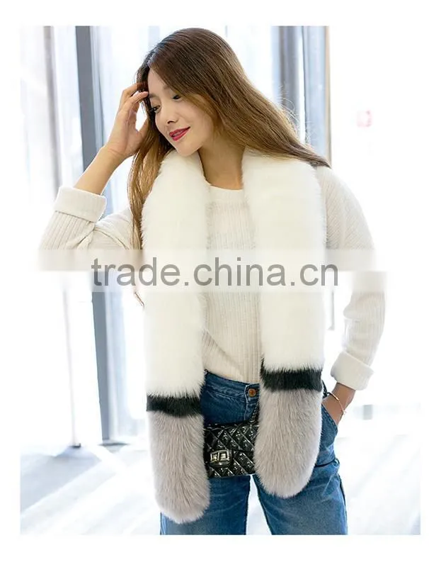 Contrast color Faux Fox Fur Long Scarf 2015 Gray & Pink Patchwork Hairy Shaggy Scarves Long tail Shawl Big Faux fur Collar