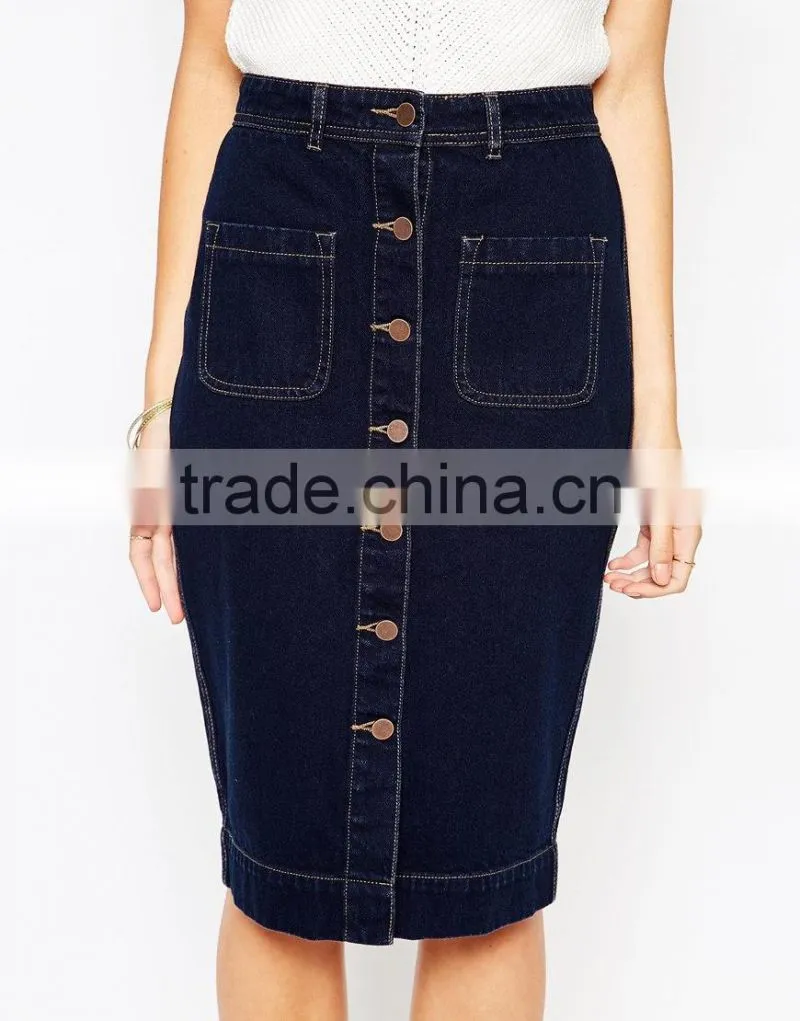 Latest skirt design button through denim skirt lady midi skirt