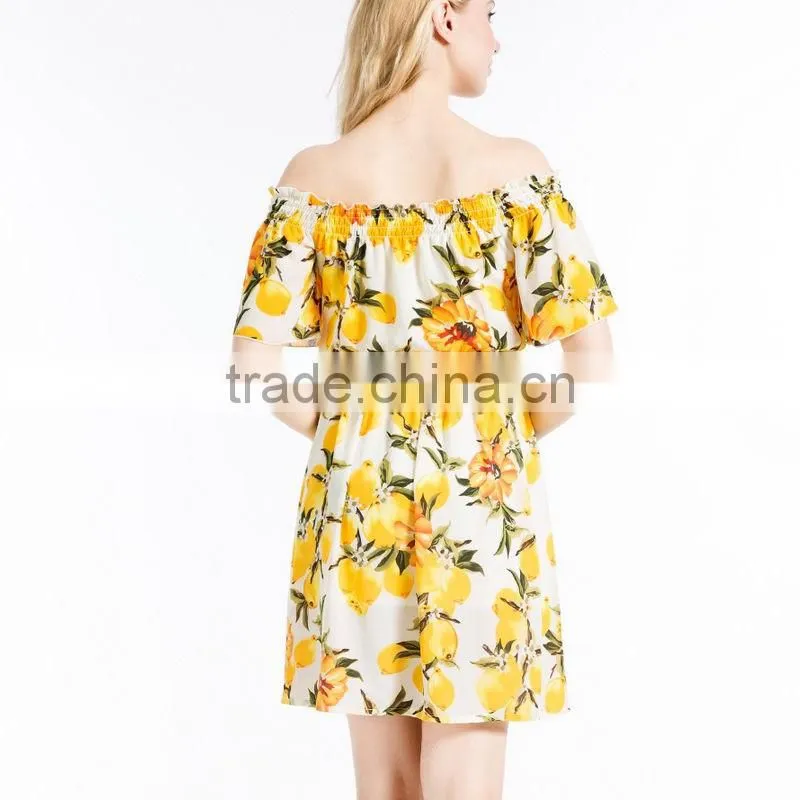Summer Ladies Latest Fashion Boat Neck Printed Chiffon Dress Designs Women Off Shoulder Casual Dress