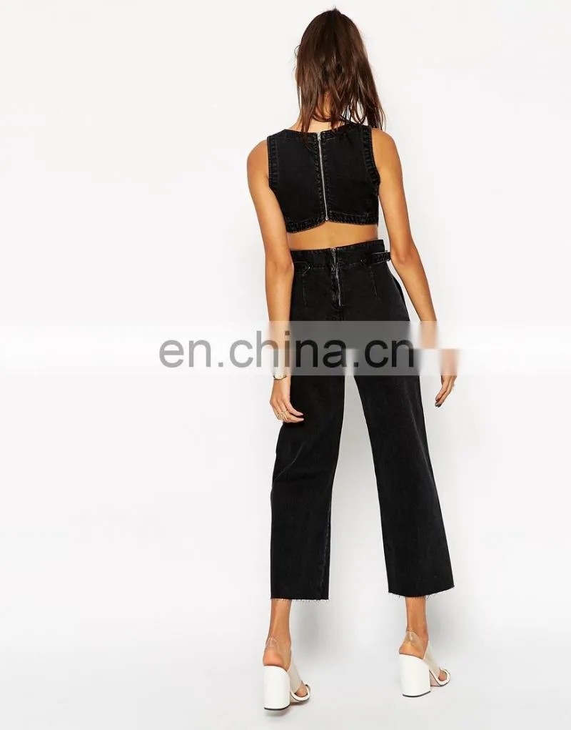 Washed Black Wide Leg Cut Out One Piece Denim Jumpsuit