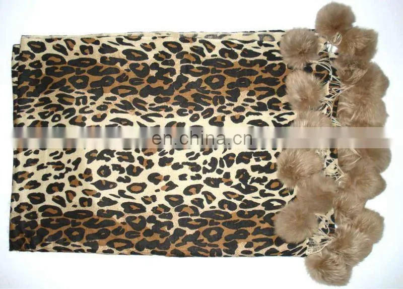 Animal prints pashmina shawls with fur ball