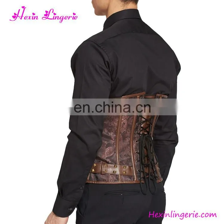 Custom Brown 10 Steel Boned Lace Male Waist Corset Boning Tops To Wear Out