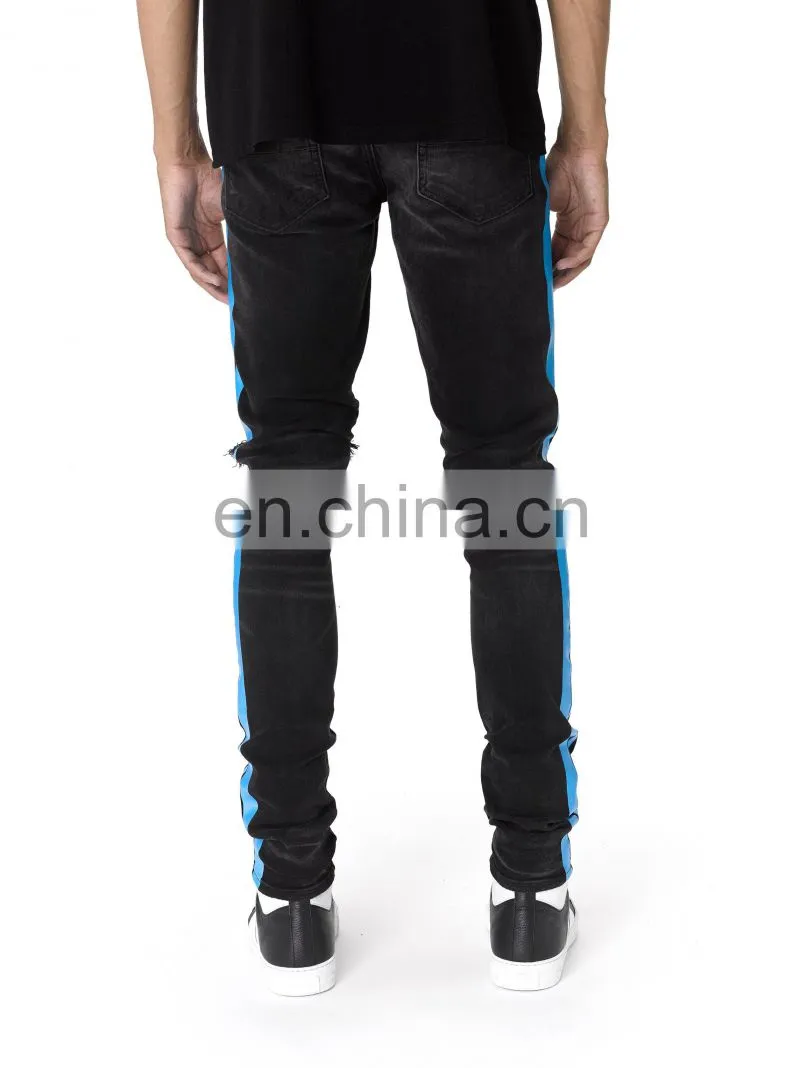 DiZNEW BROKEN TRACK BRANDED STRETCH BLACK JEANS MEN WITH BLUE SIDE