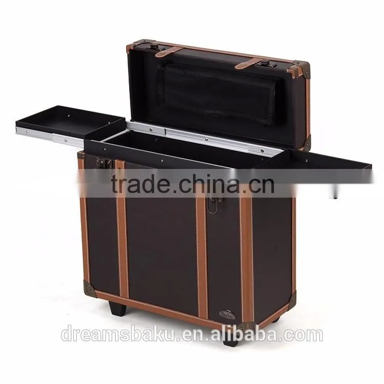 Professional make-up case, hair stylist cosmetic display case with trolley and many trays