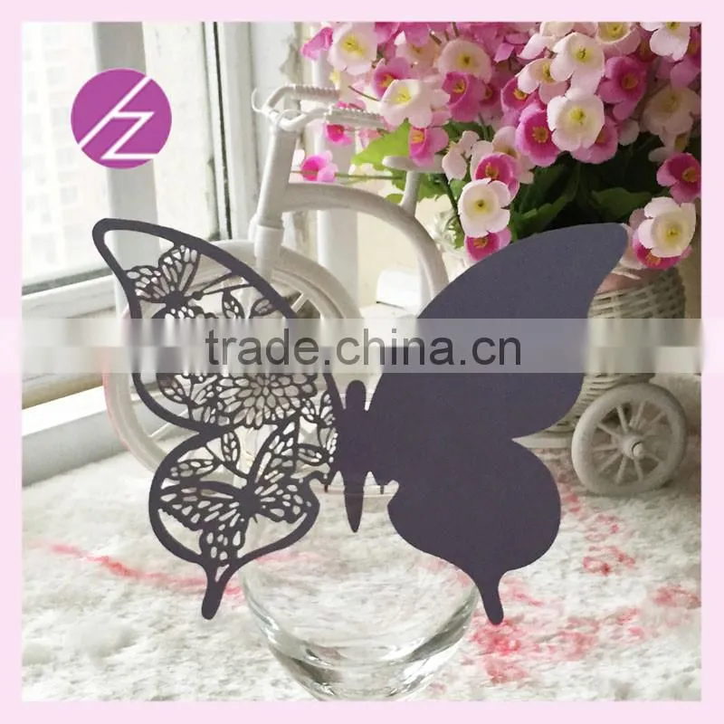 Wedding Party Decoration Laser Cut Heart Shaped Wine Glass Place Cards Butterfly Design Assorted Colors Wine Glass Cup Cards
