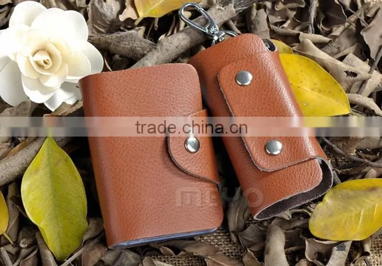 Cheap split soft leather card organizer bag with keychain holder