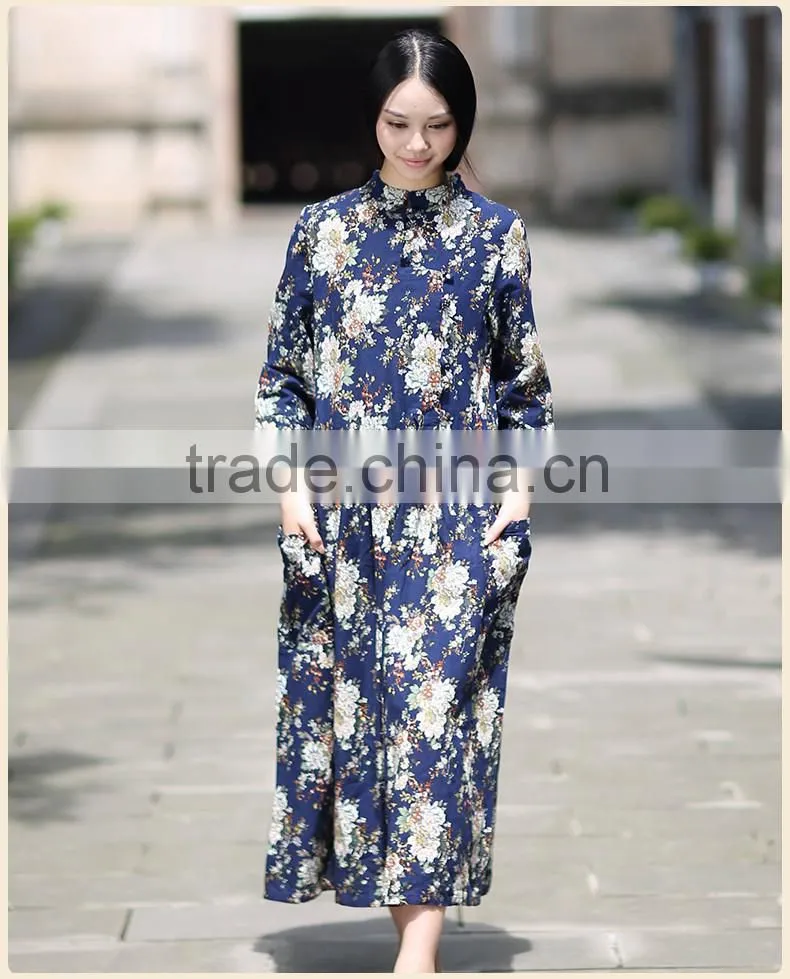 flapper Rural floral print mum plus size long sleeve cotton maxi dress