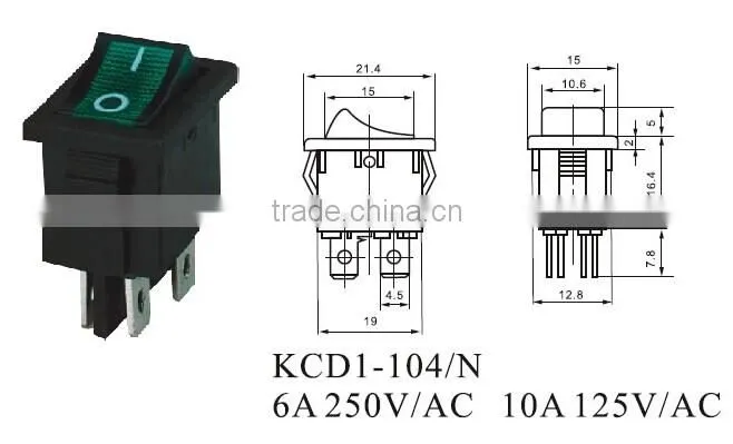 CNGAD 6A Electrical Rocker Switch (mini rocker switch,250V boat switch)(KCD1-104/N)