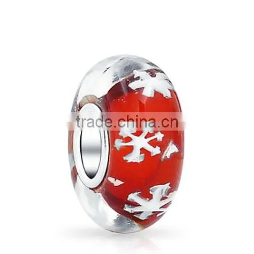 925 Silver Simulated Ruby Glass Foil Snowflake Bead Fit European Bracelet Christmas Red Glass Bead Snowflake Pattern
