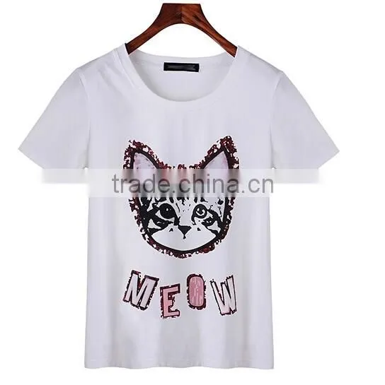 Latest Fashion Wholesale Garment Woman Loose Little Cat Printed Chiffon Shirts 2014 Summer Garment