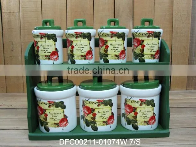 ceramic rose decal 5pcs condiment set with green wooden stand