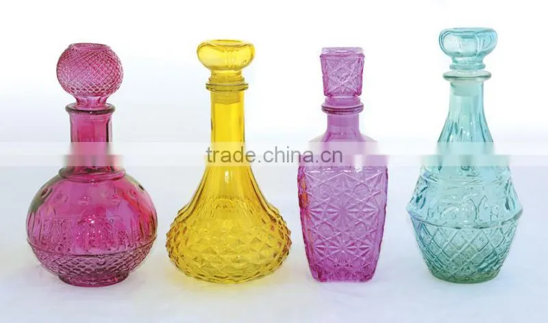 unique colored glass vodka wine bottle with glass stopper