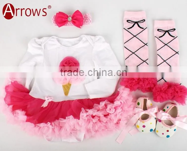4Pcs Set Baby Newborns 2016 Summer Cotton Long Sleeve Bodysuit High-heeled Shoes Print Ruffles Baby Girl Clothing Sets