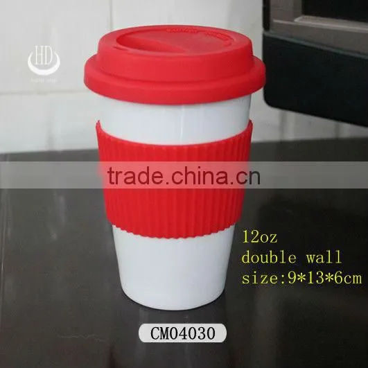 Double Wall Ceramic Travel Mug with Silicone Lid,ceramic double wall promotional travel mug with silicon lid