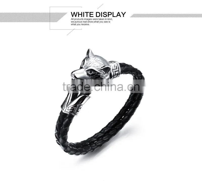 Men Stainless Steel Wolf bracelet , Braided Black Leather Bracelet