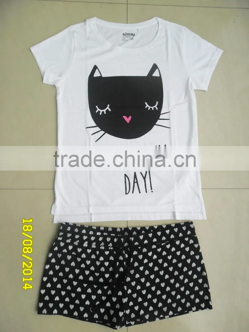 New 2015 Fashion pajama, Women Summer Cute Cartoon Cat Print Short pajama set
