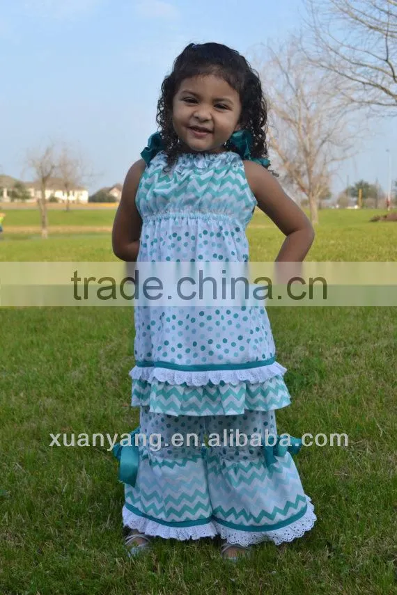 Boutique Outfit Teal and white polka dot/chevron Spring ruffle top and pants child clothes