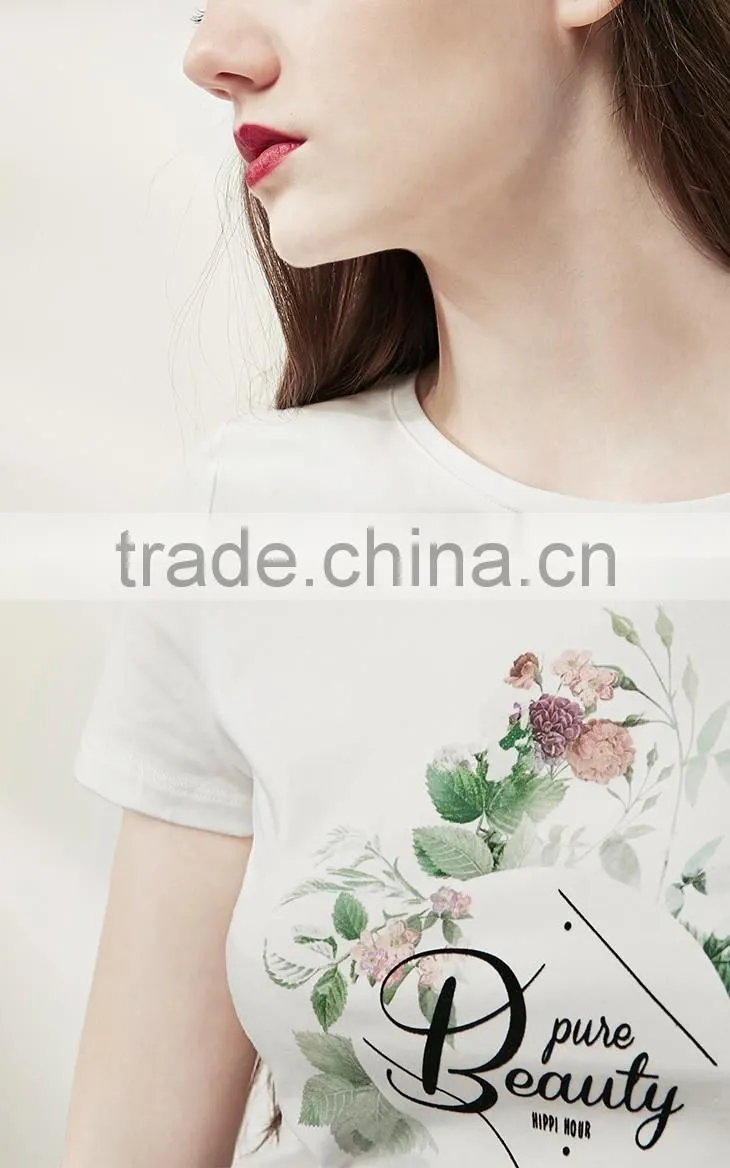 Girls 95% cotton 5%spandex skinny short sleeve flower printing white tee