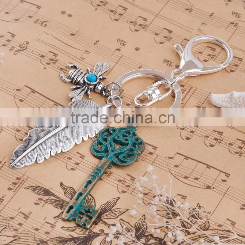 All types Of Personalised Silver Plated Bee Feather Key Vintage Patina Keychain Wholesale