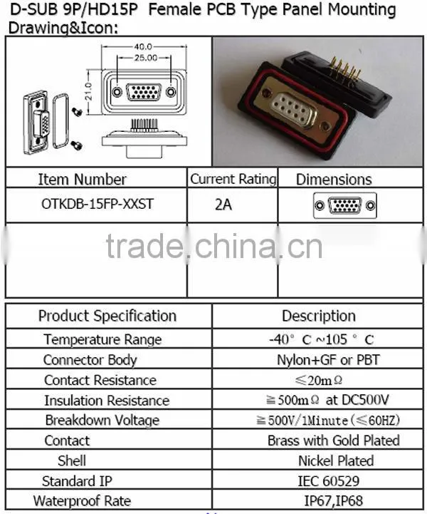 D-SUB 9P/HD15P Female PCB type panel mounting Waterproof Connector