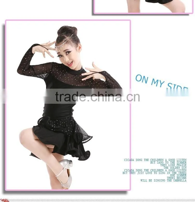 2016 New Fashion Girls High Neck Long Sleeve Performance Dress Child Kids Rhinstone Sequin Mesh Sexy Latin Dance Dress