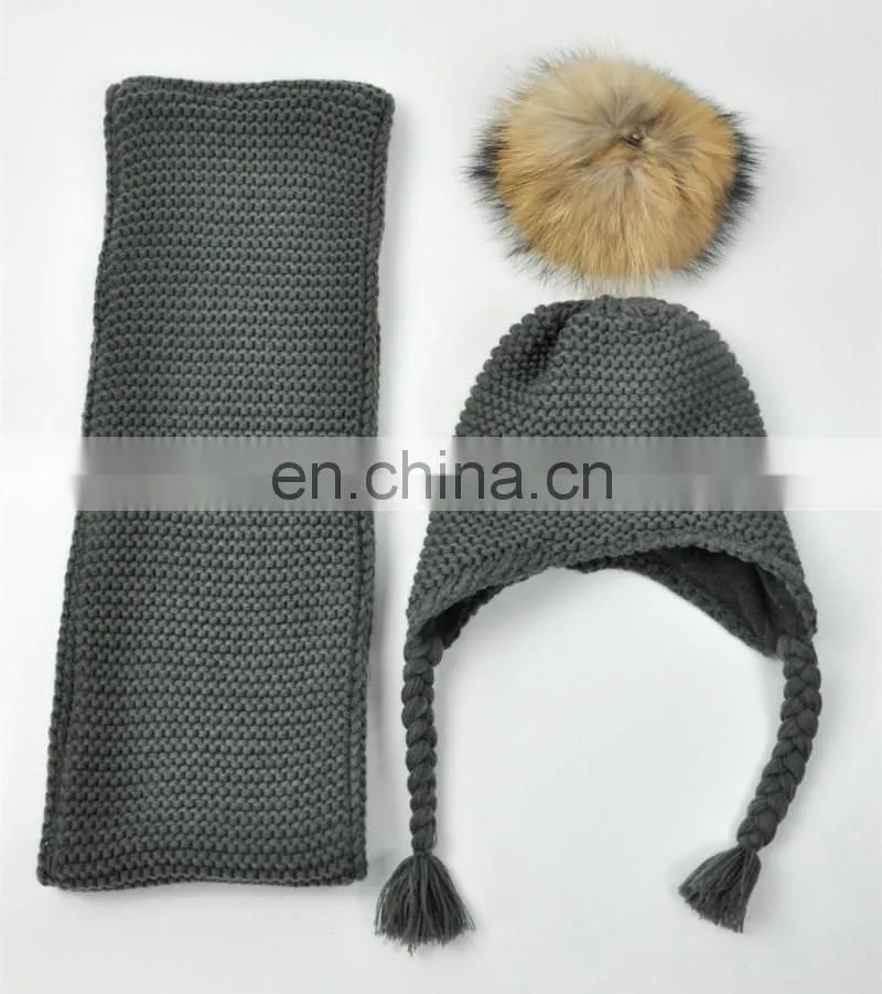 Kids Customized Design Wool Collar Raccoon Fur Pom Cashmere Knitted Hat and Scarf