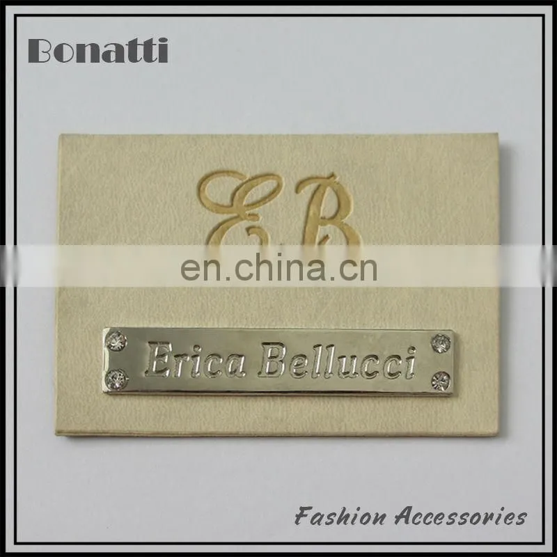 2013 hot sale metal label with leather base for garment