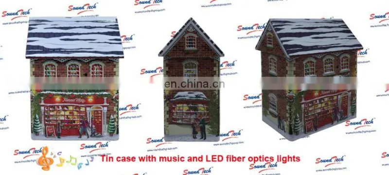 High quality LED fiber optics light up Christmas musical tin can