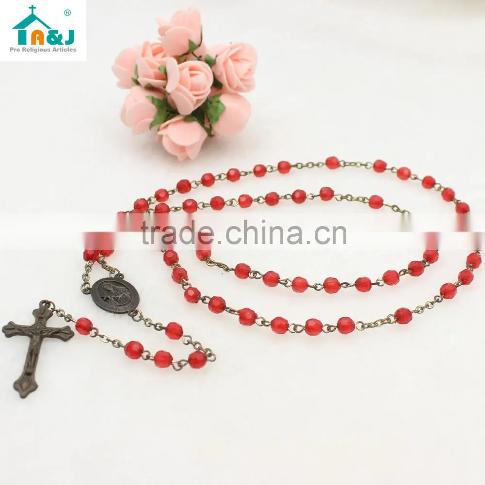 Religious red plastic rosary bead wholesale necklace