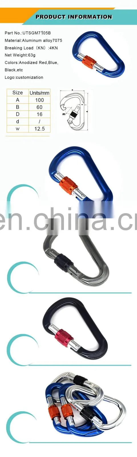 100mm/5.43inch Wholesale CE Certified Climbing Aluminum Carabiner Hook with screw gate